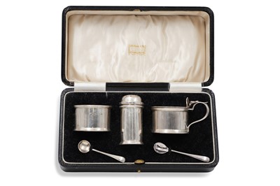 Lot 413 - A PRE-WAR THREE PIECE SILVER CONDIMENT SET,...