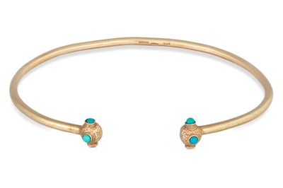 Lot 52 - A 9CT GOLD TURQUOISE SET BANGLE, open fitting,...