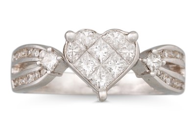 Lot 174 - A DIAMOND CLUSTER RING, heart shaped panel set...