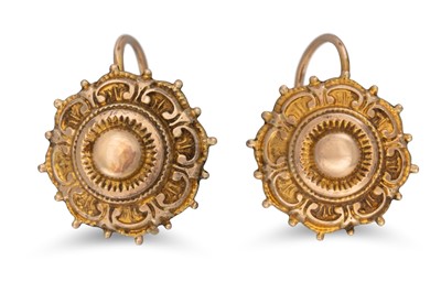 Lot 14 - A PAIR OF VICTORIAN GOLD EARRINGS, plaque form