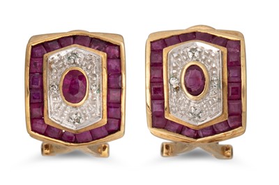 Lot 16 - A PAIR OF GOLD, DIAMOND AND RUBY CLUSTER...