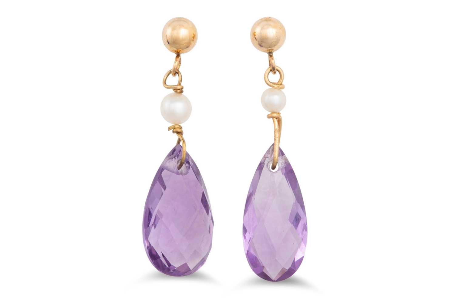 Lot 29 - A PAIR OF AMETHYST AND PEARL DROP EARRINGS,...