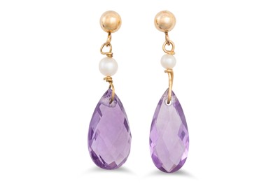 Lot 29 - A PAIR OF AMETHYST AND PEARL DROP EARRINGS,...