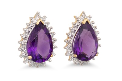 Lot 154 - A PAIR OF AMETHYST EARRINGS, to diamond points,...