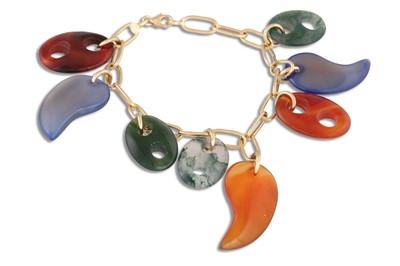 Lot 240 - A CHALCEDONY BRACELET, the shaped charms...