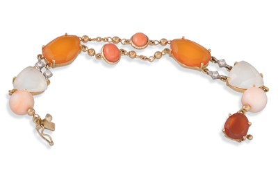 Lot 245 - A CHALCEDONY, CARNELIAN, CORAL AND DIAMOND...