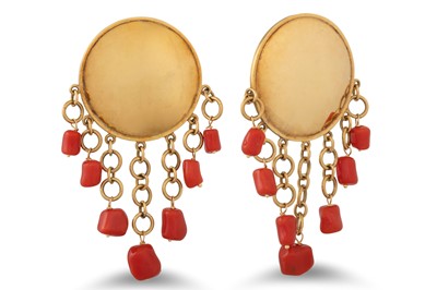 Lot 246 - A PAIR OF GOLD AND CORAL EARRINGS, the gold...