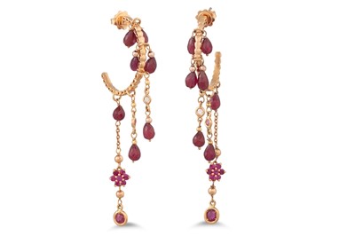 Lot 247 - A PAIR OF RUBY EARRINGS, the gold half hoops...