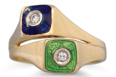 Lot 250 - AN ENAMEL AND DIAMOND RING, of cross over...