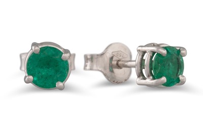 Lot 292 - A PAIR OF EMERALD STUD EARRINGS, mounted in...