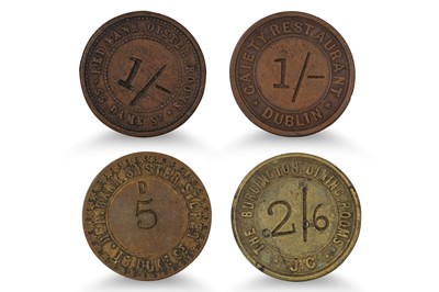 Lot 340 - 1800s 4 X DUBLIN TAVERN TOKENS, 5d Red Rank...