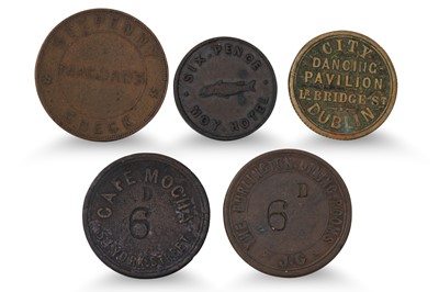 Lot 341 - 1800s 4 X DUBLIN TAVERN TOKENS Irish 6d;...