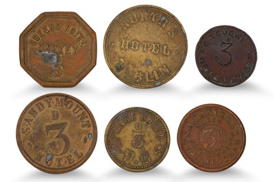 Lot 342 - 1800s 6 X DUBLIN TAVERN TOKENS 3d; Queens...