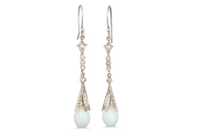 Lot 124 - A PAIR OF OPAL AND DIAMOND DROP EARRINGS,...