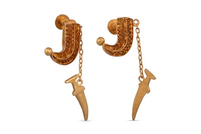 Lot 135 - A PAIR OF 21CT GOLD EARRINGS, modelled as...