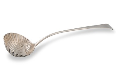 Lot 393 - A GEORGE III SILVER BOW HANDLED SOUP LADLE,...