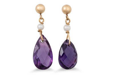 Lot 12 - A PAIR OF AMETHYST AND PEARL DROP EARRINGS,...