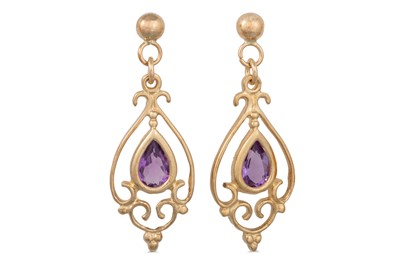 Lot 26 - A PAIR OF AMETHYST DROP EARRINGS, mounted in gold