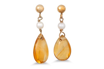 Lot 32 - A PAIR OF CITRINE AND PEARL DROP EARRINGS,...