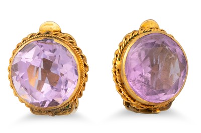 Lot 71 - A PAIR OF AMETHYST EARRINGS, the circular...