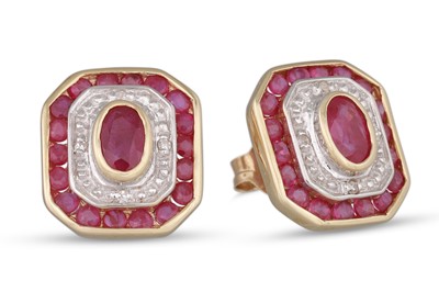 Lot 77 - A PAIR OF DIAMOND AND RUBY CLUSTER EARRINGS,...