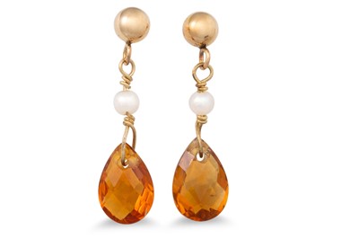 Lot 96 - A PAIR OF CITRINE AND PEARL DROP EARRINGS,...