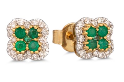 Lot 100 - A PAIR OF EMERALD AND DIAMOND CLUSTER EARRINGS,...