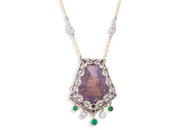 Lot 224 - A VINTAGE AMETRINE DIAMOND AND EMERALD PENDANT,...