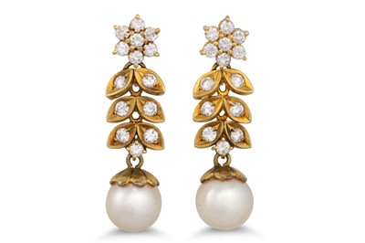 Lot 197 - A PAIR OF DIAMOND AND CULTURED PEARL DROP...