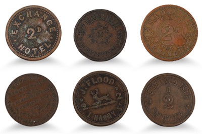 Lot 380 - 1800s 6 X DUBLIN TAV TOKENS SMALL 2d; Union...