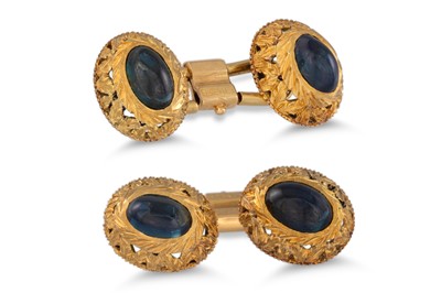 Lot 325 - A PAIR OF SAPPHIRE CUFFLINKS, the cabochon...