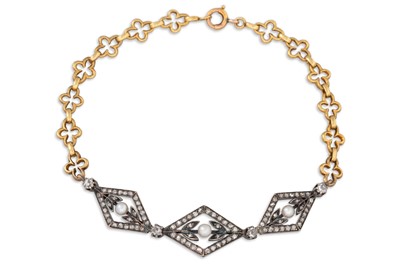 Lot 327 - AN ANTIQUE DIAMOND AND PEARL BRACELET, the...