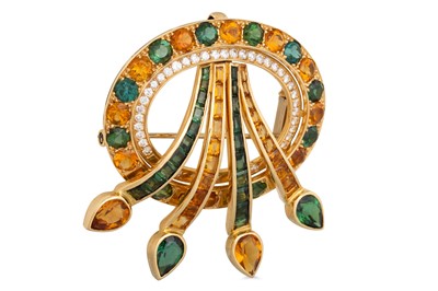 Lot 329 - A DIAMOND, CITRINE/TOURMALINE BROOCH, unusual...