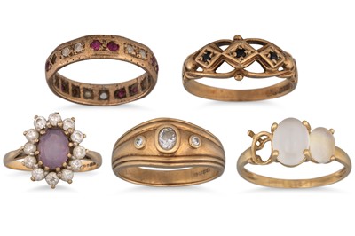 Lot 147 - FIVE GOLD DRESS RINGS, some stones missing, 15 g.