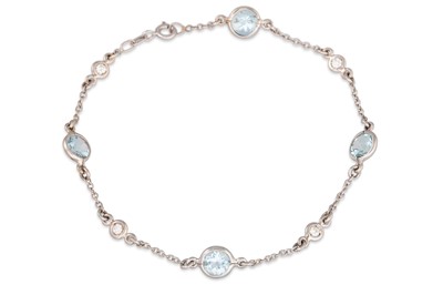 Lot 268 - AN AQUAMARINE AND DIAMOND BRACELET, collet set...