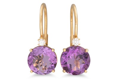 Lot 314 - A PAIR OF AMETHYST AND DIAMOND DROP EARRINGS,...