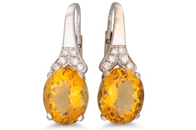 Lot 334 - A PAIR OF CITRINE AND DIAMOND EARRINGS,...