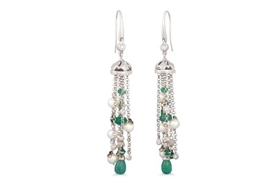 Lot 336 - A PAIR OF DIAMOND, PEARL AND EMERALD EARRINGS,...