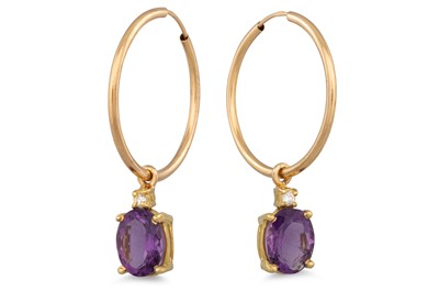 Lot 339 - A PAIR OF AMETHYST AND DIAMOND EARRINGS, of...