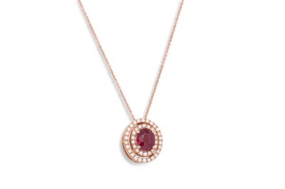 Lot 340 - A RUBY AND DIAMOND PENDANT, of oval cluster...