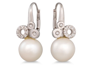 Lot 343 - A PAIR OF DIAMOND AND PEARL EARRINGS, the...