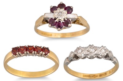 Lot 53 - THREE 18CT GOLD RINGS, one stone set, two...