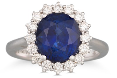 Lot 126 - A SAPPHIRE AND DIAMOND CLUSTER RING, the oval...