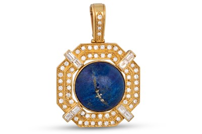 Lot 234 - A LAPIS LAZULI, DIAMOND AND GOLD PENDANT, of...