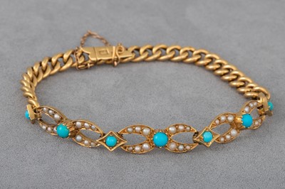 Lot 130 - AN ANTIQUE GOLD TURQUOISE AND SEED PEARL...