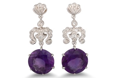 Lot 336 - A PAIR OF AMETHYST AND DIAMOND DROP EARRINGS,...