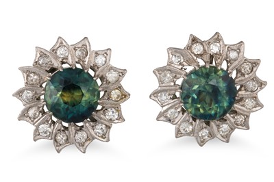 Lot 100 - A PAIR OF VINTAGE GREEN SAPPHIRE AND DIAMOND...