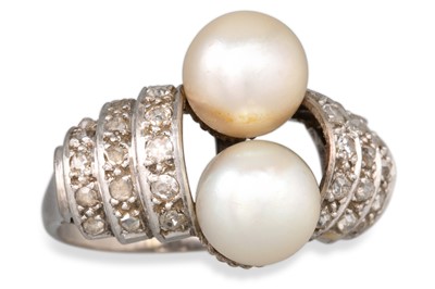 Lot 67 - A TWO STONE PEARL AND DIAMOND RING, to diamond...