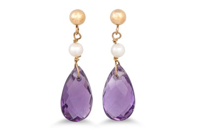 Lot 118 - A PAIR OF AMETHYST AND PEARL DROP EARRINGS, in...