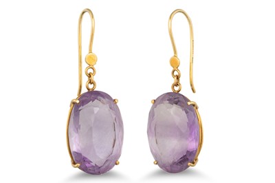 Lot 119 - A PAIR OF AMETHYST EARRINGS, to gold hoops